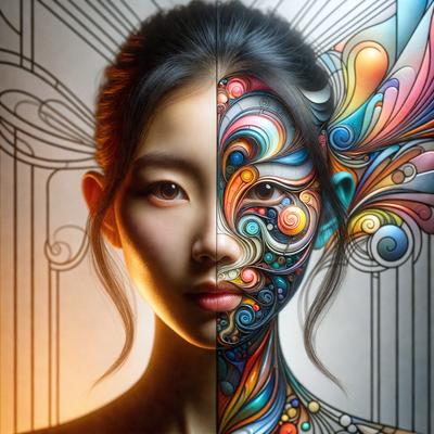 The primary subject of the image is a woman with a unique and artistic appearance. She is depicted with two different faces, one on the left and one on the right side of her head. The setting is a room with a backdrop of a door, and the visual style is a combination of photo and digital art. The woman's faces are painted with vibrant colors, creating a lively and eye-catching mood.